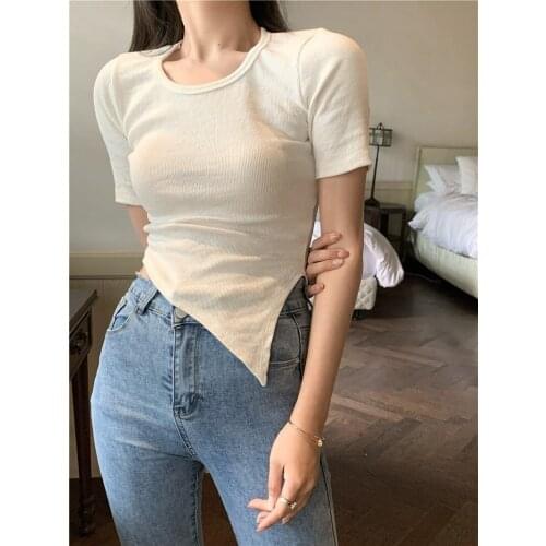 Women Simple Irregular Split Round Neck Short Sleeve T-shirts 2021 Summer Slim Solid Color All-match Sexy Tops Female Streetwear