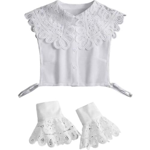 Women 2Pcs Large Lapel False Collar with Fake Sleeve Wristband Set Hollow Out Lace Detachable Half Shirt Horn Cuffs