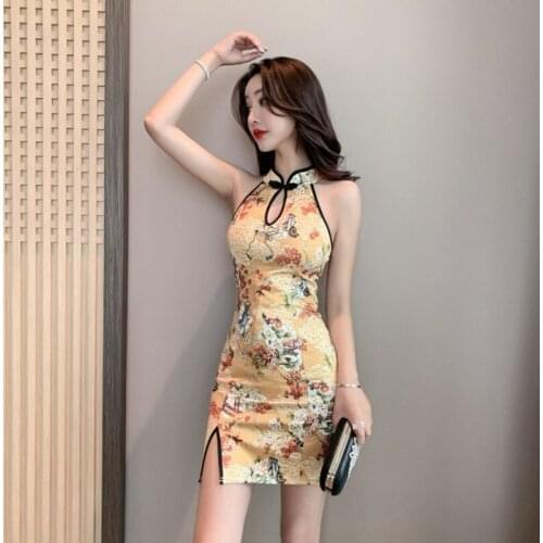 Sleeveless Hollow-out Floral Cheongsam Summer New Store Sexy off-Shoulder Waist Sheath Dress sexy dress women