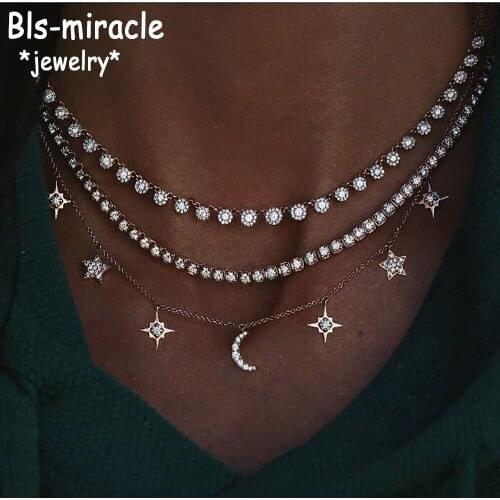 New 2020 Boho Vintage Gold Necklaces For Women Crystal Moon Stars Sun Pendant Necklace Multilayer Female Jewelry Valentine Gift