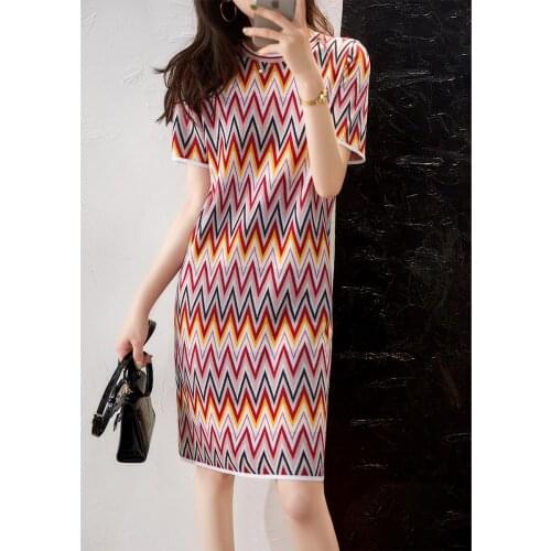 2021 Spring Summer new short sleeve o neck kint sweater dress elegant vintage Stripe kint casual Office women dresses vestido