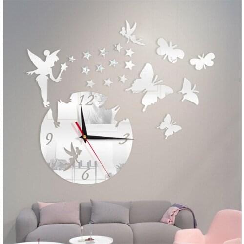 Fairy Butterfly Acrylic Mirror Wall Stickers Cartoon Self Adhesive Sticker DIY Clock for Baby Nursery Girls Bedroom Home Decor