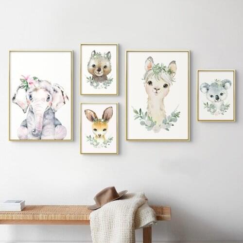 Watercolor Animal Print Canvas Poster Elephant Cute Cartoon Wall Art Picture Nursery Decorative Painting Kids Baby Room Decor