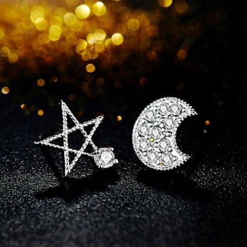 925 sterling silver asymmetric star moon crescent stud earrings Inlaid with zircon/crystal shiny earrings white gold plated