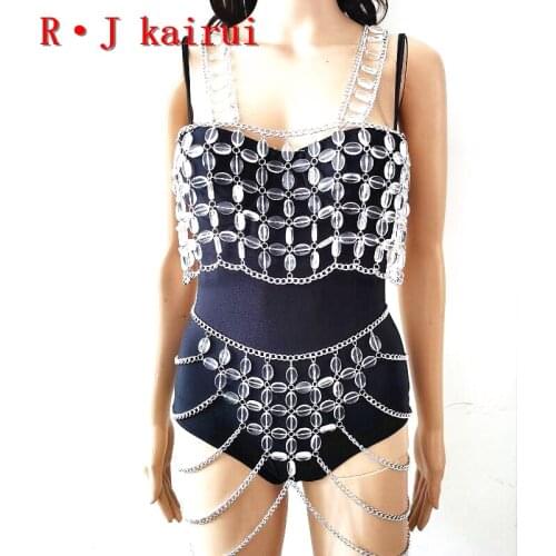 New RJBY05 Fashion Women Silver Chains Clear Oval Beads Layers Top Neck Bra Body Chains Body Unique Design Costume Beads Jewelry