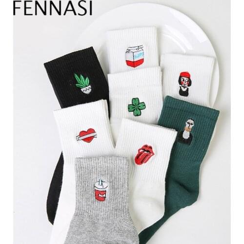 FENNASI 4Pairs Harajuku White Cartoon Short Socks Women Funny Rose Embroidery Cotton Hosiery Girl Student Korean Sox Ankle Socks