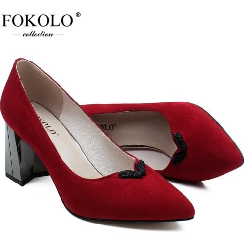 FOKOLO Women Pumps Pointed Toe Kid Suede Square Heel High Heels Spring Autumn Genuine Leather Red Sexy Lady Shoes Handmade GC5