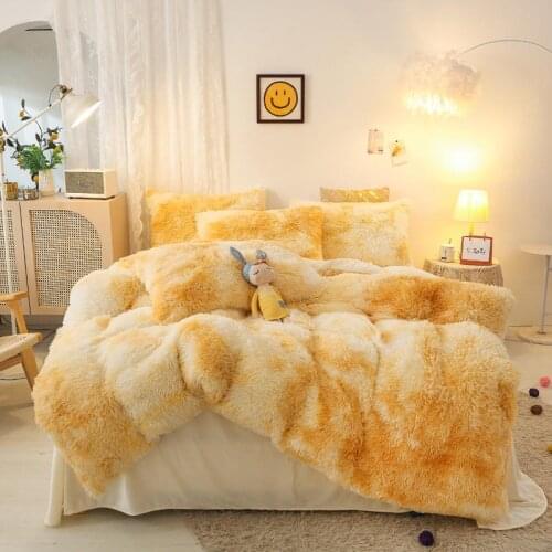 Gradient color Plush Shaggy Duvet Cover Bedding Sets 4Pcs Twin Double Queen King(1Faux Fur Duvet Cover +1Bed Sheet+2Pillowcases)