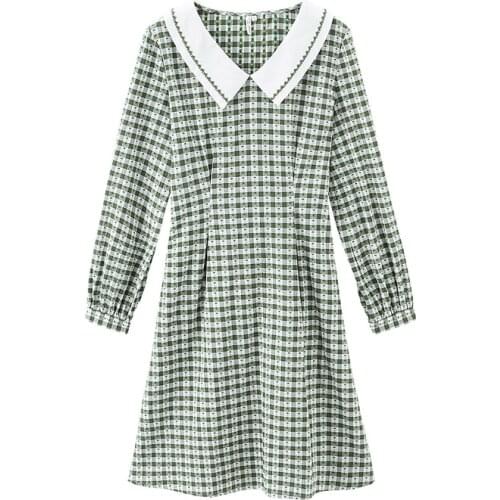 INMAN Females Dress Spring Cute Young Sweet Style Skirt Lapel Plaid Stripe with Belt Long Sleeve Cotton Women Girl Clothing