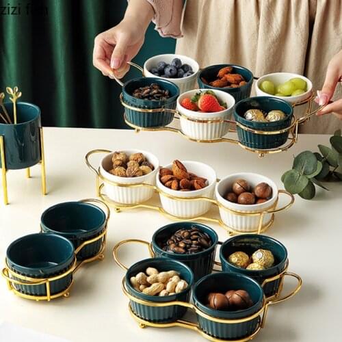 Creative Ceramic Grid Snack Platter Metal Rack Candy Nut Storage Box Porcelain Dessert Bread Fruit Plate Home Luxury Storage Box