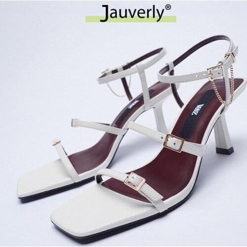 ZA Summer WomenS Shoes 2021 New One-Word Buckle Open Toe High Heels Fashion Square Toe Roman Sandals