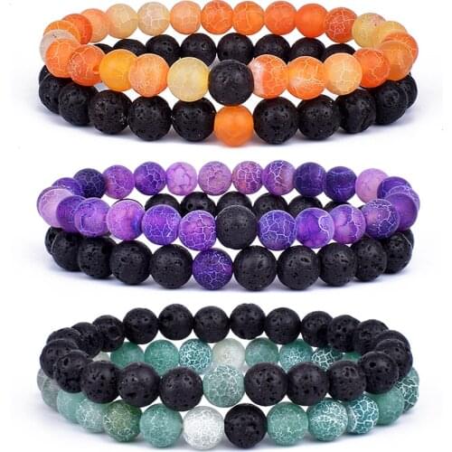 Set Bracelet Couples Distance Black White Natural Lava Stone Tiger Eye Beaded Yoga Bracelets for Men Women Elastic Rope Jewelry