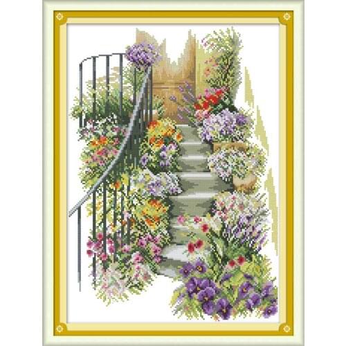 11/14/18/16/22/25/28ct Flower stairs painting decor counted printed on the canvas kits Cross Stitch embroidery needlework Sets