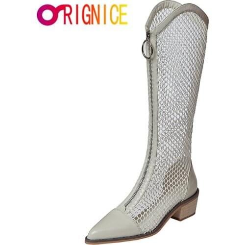 Orignice Cozy Breathable Zipper Chunky Heels Mesh Sandals Knee-High Boots Roman Hollow Out Women Summer New Party Shoes Black
