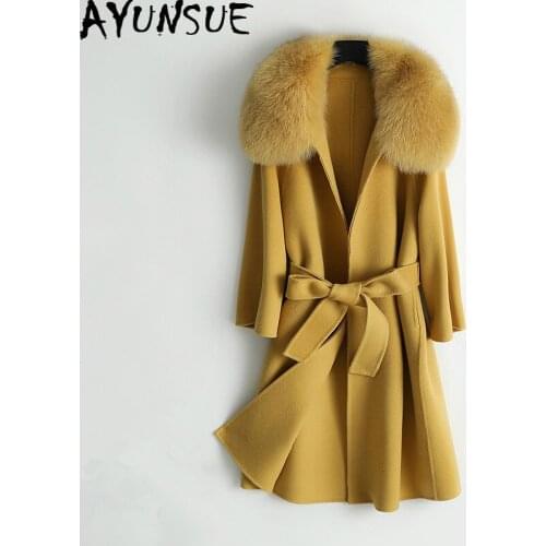 AYUNSUE Winter Coat Women Real Fox Fur Collar 100% Wool Coat Female Jacket Double Side Woolen Coats Korean Windbreaker MY4588
