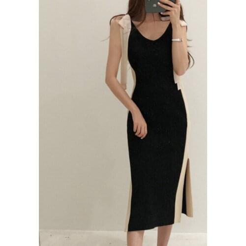 Shoulder Strap Dresses Sleeveless Bowknot Slim-fit Knitted Long Dress Women Elegant Streetwear Clothes Z839