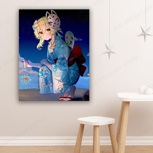 Hot genshin impact poster game surrounding canvas painting cartoon wall art bar cafe theme hotel dormitory bedroom decoration