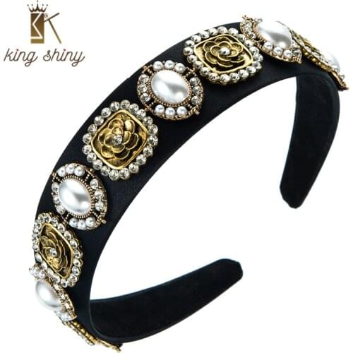 King Shiny Baroque Palace Style Metal Flower Headband Vintage Imitation Pearl Rhinestone Beaded Hairband Girl Party Hair Jewelry