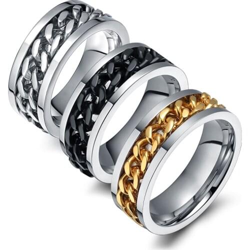 Spinner Black Gold Silver Color Chain Ring for Men Punk Stainless Steel Ring Metal Male Finger Jewelry 8mm