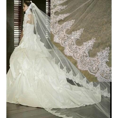 White Ivory 4 Meter Cathedral Wedding Veils Long Lace Edge Bridal Veil with Comb Wedding Accessories Bride Mantilla Wedding Veil