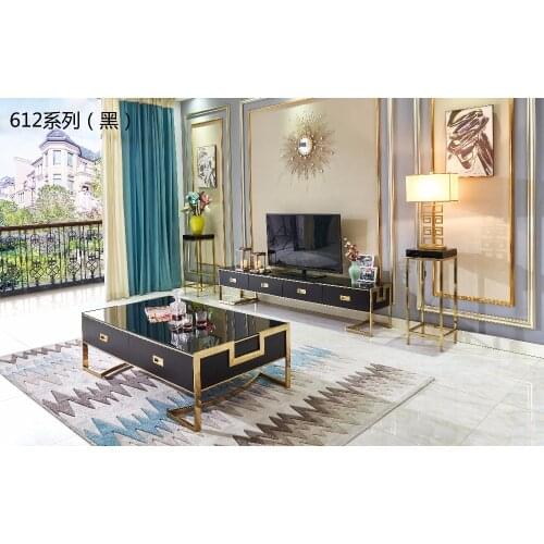 XM612B Tempered glass surface solid wood drawer 304 stainless steel frame corner Entrance tea coffee table TV stand cabinet sets