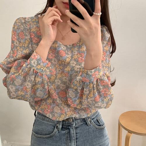 Women Blouse Autumn Retro Square Collar Long Sleeve Shirt Loose Chiffon Top Blusas Ropa De Mujer