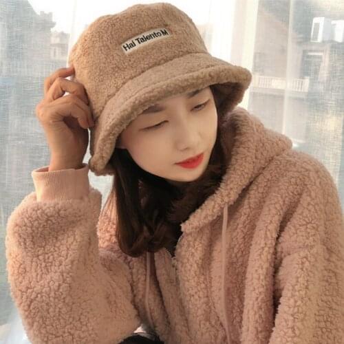 Women Winter Thicken Warm Faux Fleece Bucket Hat Letters Label Solid Color Korean Harajuku Student Adjustable Panama Fisherman C