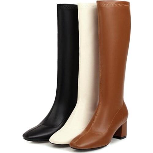 Women Knee High Boots Winter And Autumn Knee High Shoes Big Size Black Genuine Pu Women Zipper Square head Boots