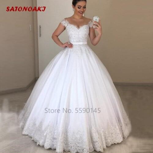 2020 Ball Gown Wedding Dress for Women Short Sleeves Lace Appliques Beaded Bow Bridal Princesa Vestidos De Novia Undefined India