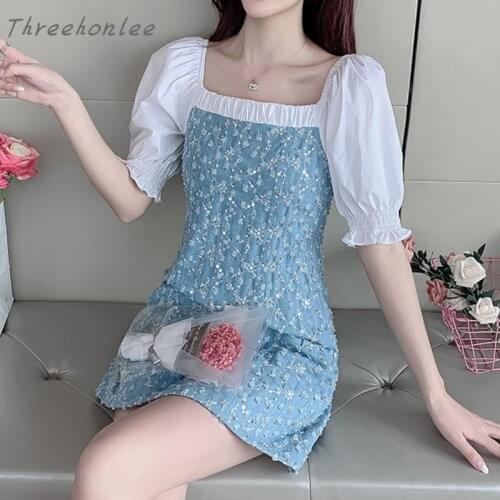 2021 Summer Korean Chic Woman Denim Dress Squaer Collar Puff Sleeve Sequin Embroidery Female High Quality Silm Dress Vestidos