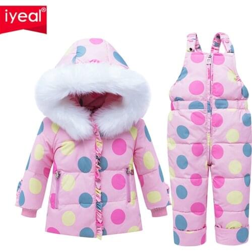 IYEAL Winter Childrens Clothing Sets Baby Girls Warm Duck Down Snowsuit Toddler Puffer Hooded Jacket + Bib Pants 2 Pieces Set