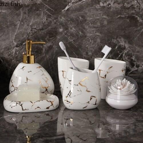Golden Marble Texture Ceramic Bathroom Accessories 6pcs/set Portable Soap Dispenser Toothbrush Holder Mouth Cup Bathroom Shelf