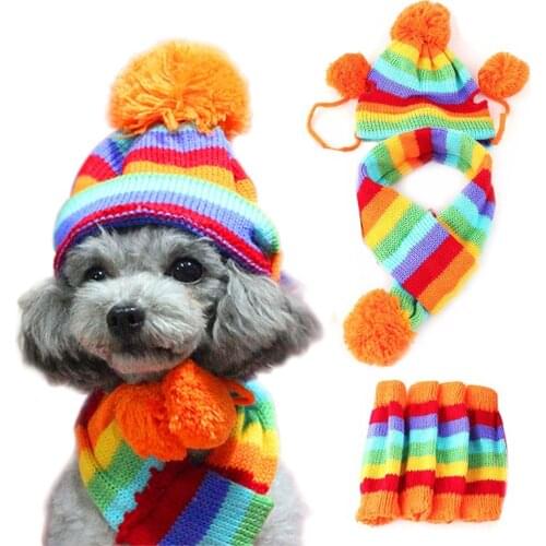 1 Set(hat+scarf+leg Warmers) Rainbow Stripe Knitted Dog Scarf Hat Winter Pet Products Warm Clothes Accessories For Small Dogs