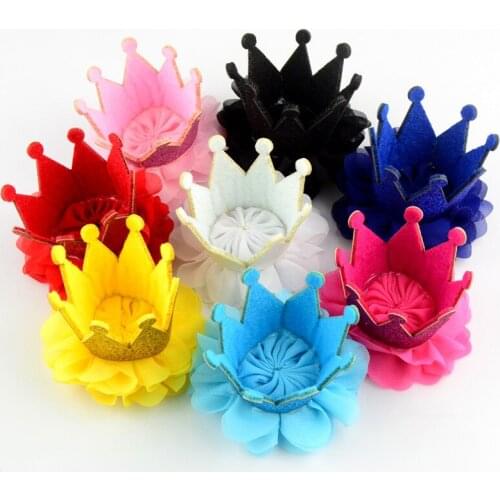 100pcs/lot Princess Glitter Felt Crown with Chiffon Flower Flatback Headband Boutique Accesories 8 Colors for U Pick GC02