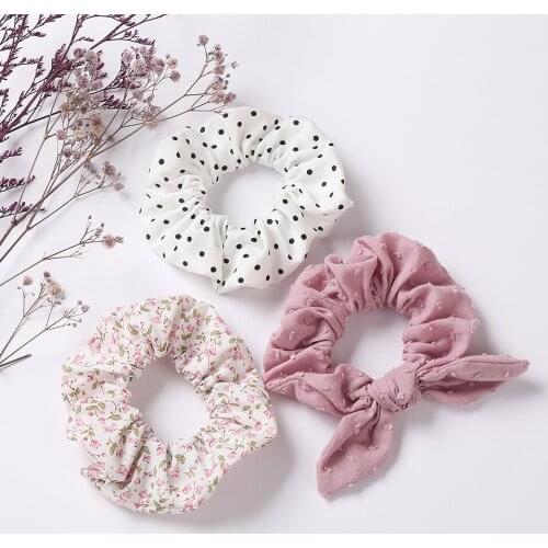 3Pcs/Lot Flower Dot Print Hair Scrunchies Ties Ropes Girls Ponytail Holders Vintage Elastic Rubber Band Fashion Hair Accessories