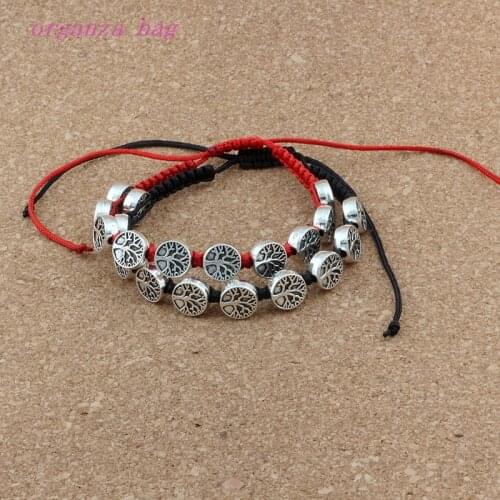 6Pcs Zinc Alloy Tone Tree OFLife Beads Adjusta Blered / Black Cord Wrist Bracelet C-43