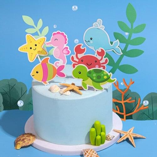 6pcs / set underwater animal sea fish turtle dolphin hippo crab cake topper baby shower child bathing birthday cake decoration