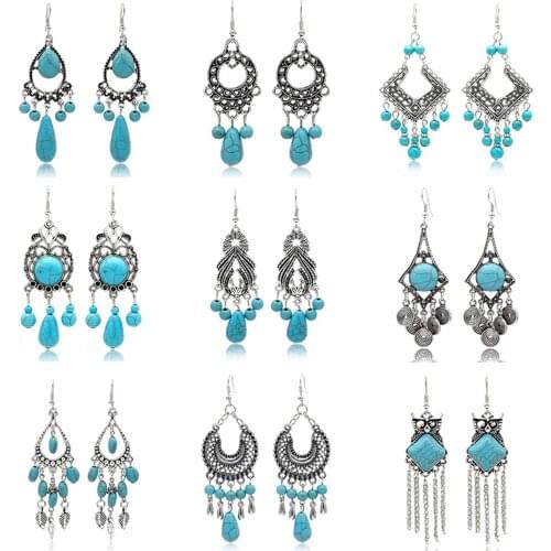 Bohemian Blue Turquoise Hollow Tassel Earrings Vintage Beads Silver Color Long Dangle Drop Earrings Charm Femme Travel Jewelry