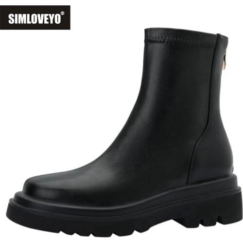 SIMLOVEYO 2021 New Designer Brand Ankle Boots Women Platform Stretchy Soft Leather Bootie Zip Low Heel Black White 33-4 S2428