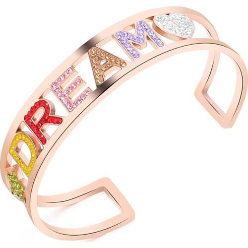 Stainless Steel Hollow Letter DREAM Bangle Bracelet For Women Colorful Crystal Cuff Bangles Gift For Friend Female Jewelry 2019