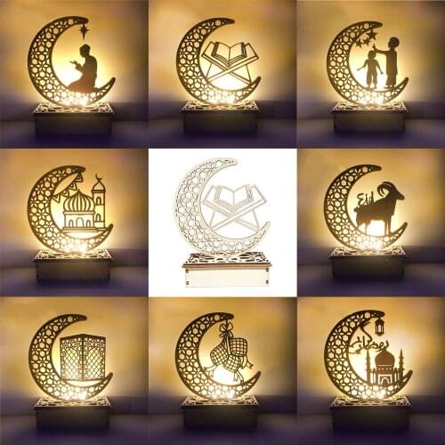 Wooden Led Light Palace Eid Mubarak Decoration Wooden Pendant Ramadan Craft Decor for Home Islam Muslim Party Supplies