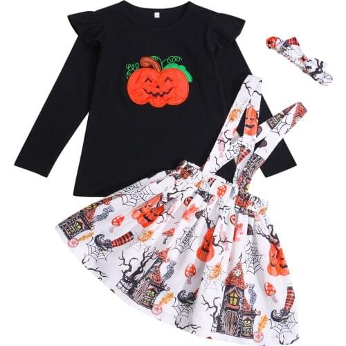 Kids Halloween Cotton Suit Toddler Pumpkin Print O-Neck Long Sleeve Tops Suspender Skirt Headband for Baby Girls 2-7 Years