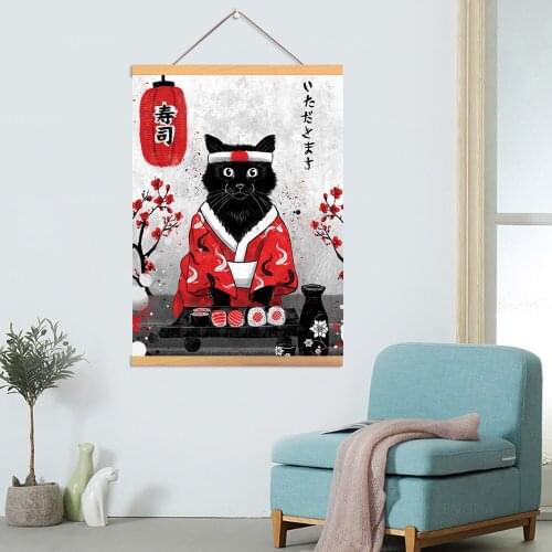 Canvas Home Decoration Japan Cuisine Poster Print Pictures Cute Cat Wall Art Wooden Scroll Hanging Painting Bedside Background