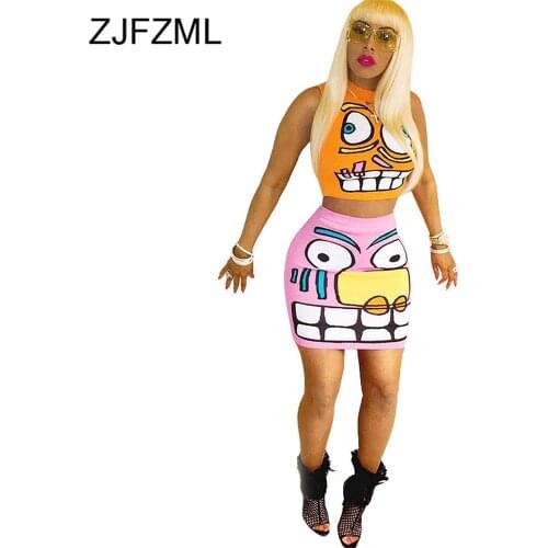 Cartooon Printed Sexy 2 Piece Matching Sets Women Clothes O Neck Sleeveless Crop Tops and Skinny Mini Skirt Sweet Bodycon Outfit