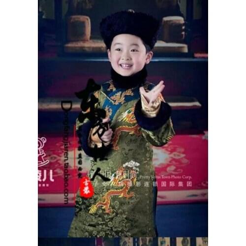 Hanmo Qing Dynasty Little Emperor or Prince Costume Dark Green Embroidery Winter Costume