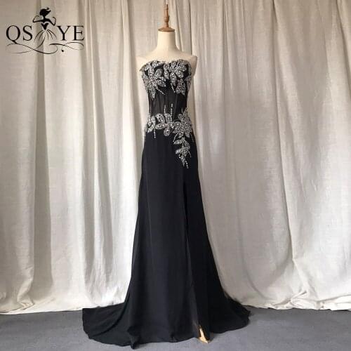 QSYYE Broken Size Black Prom Dresses Classic Long Chiffon Evening Dress Beading Leave Illusion Boice Boned Formal Party Gown