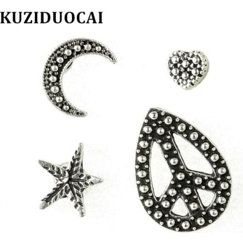Kuziduocai New Fashion Fine Jewelry Ancient Silver Color 4 Pcs/set Moon Star Heart Tau Leaves Circle Stud Earrings For Women 522