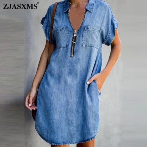 Summer Short Sleeve Pocket Mini Dress Spring Turn-down Collar Zipper Denim Dress Women Casual Button Solid Irregular Party Dress