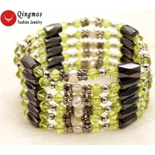 Qingmos Trendy 4-5mm Natural 36'' White Baroque Pearl Necklace Bracelet for Women and Green Crystal & Black Hematite bra364