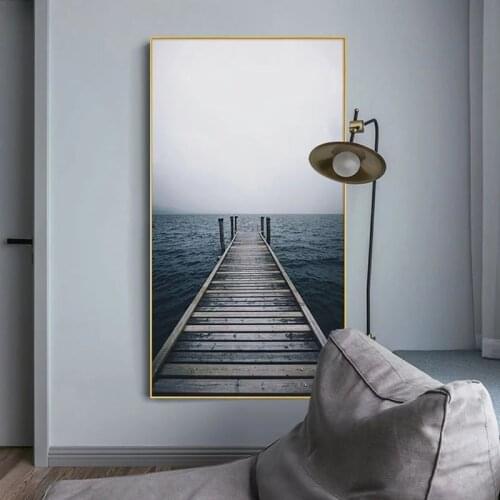 Sea Landscape Canvas Painting Nordic Coastal Bridge Posters and Print Seascape Wall Art Pictures for Living Room Decor Unframed